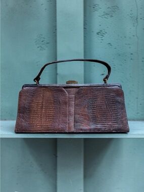 Vtg 50s Palizzio Brown Lizard Top Handle Bag Reptile Kennedy 60s